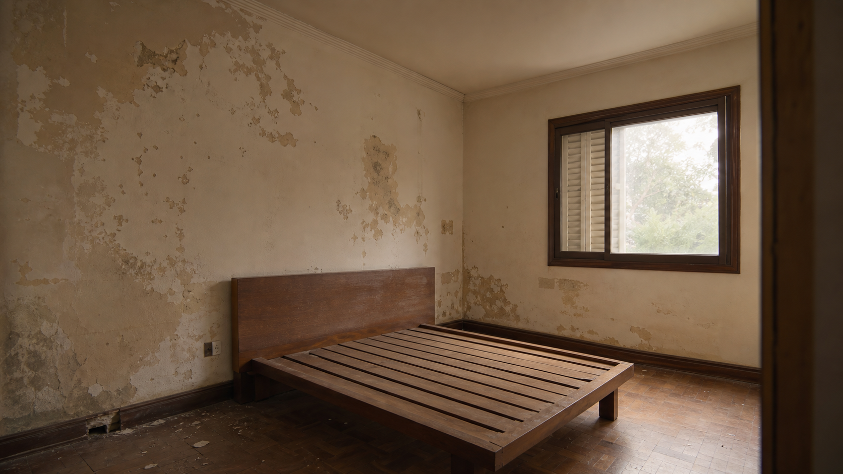 Quarto antes da pintura, com paredes descascadas, manchas e acabamento deteriorado.