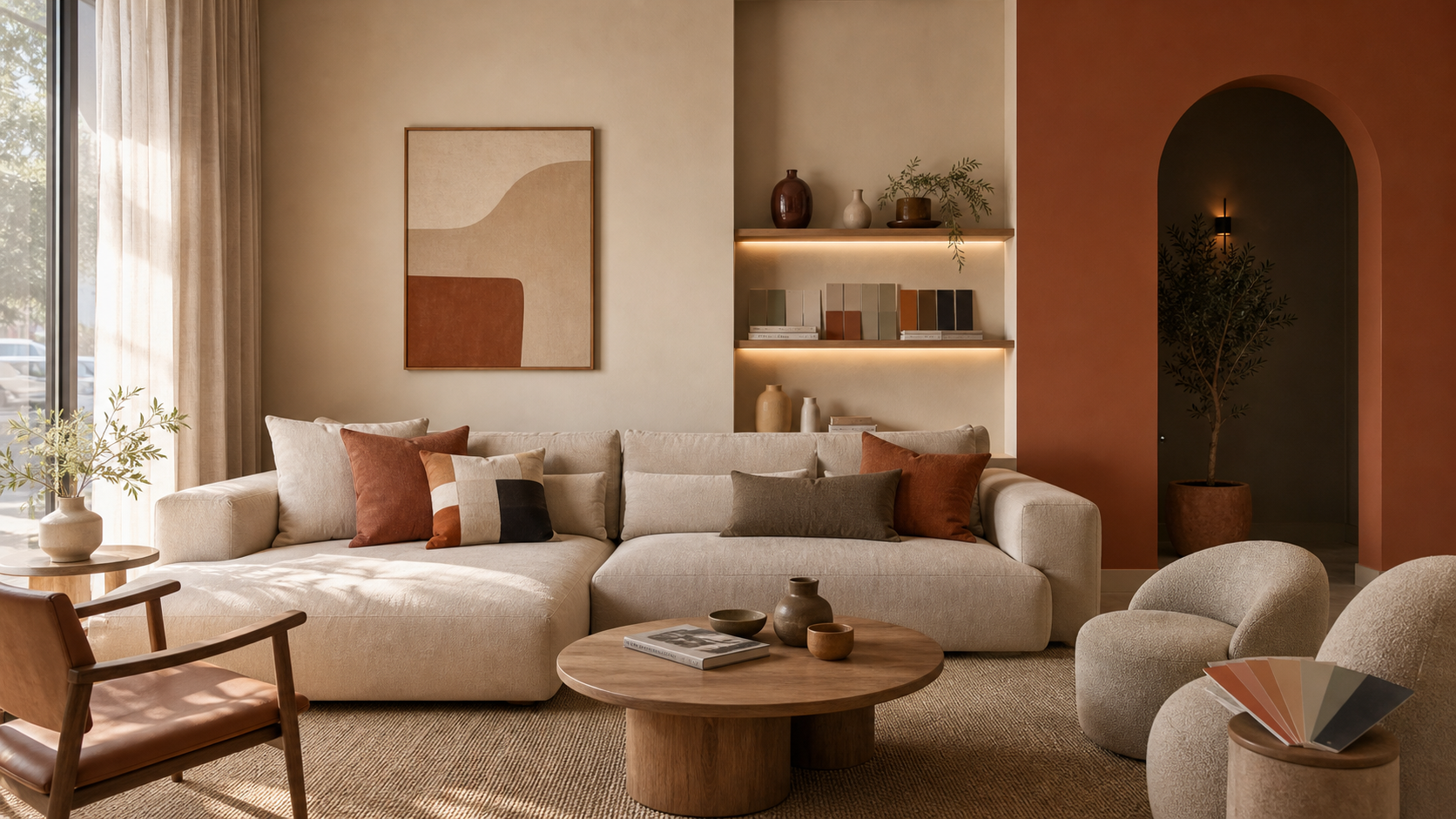 Ambiente premium com parede em tom quente, sala sofisticada e paleta de cores elegante.