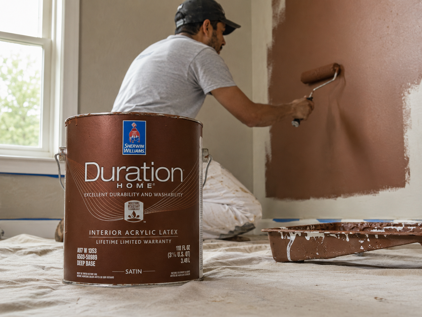 Aplicacao de tinta Sherwin-Williams em parede interna com rolo e acabamento quente.